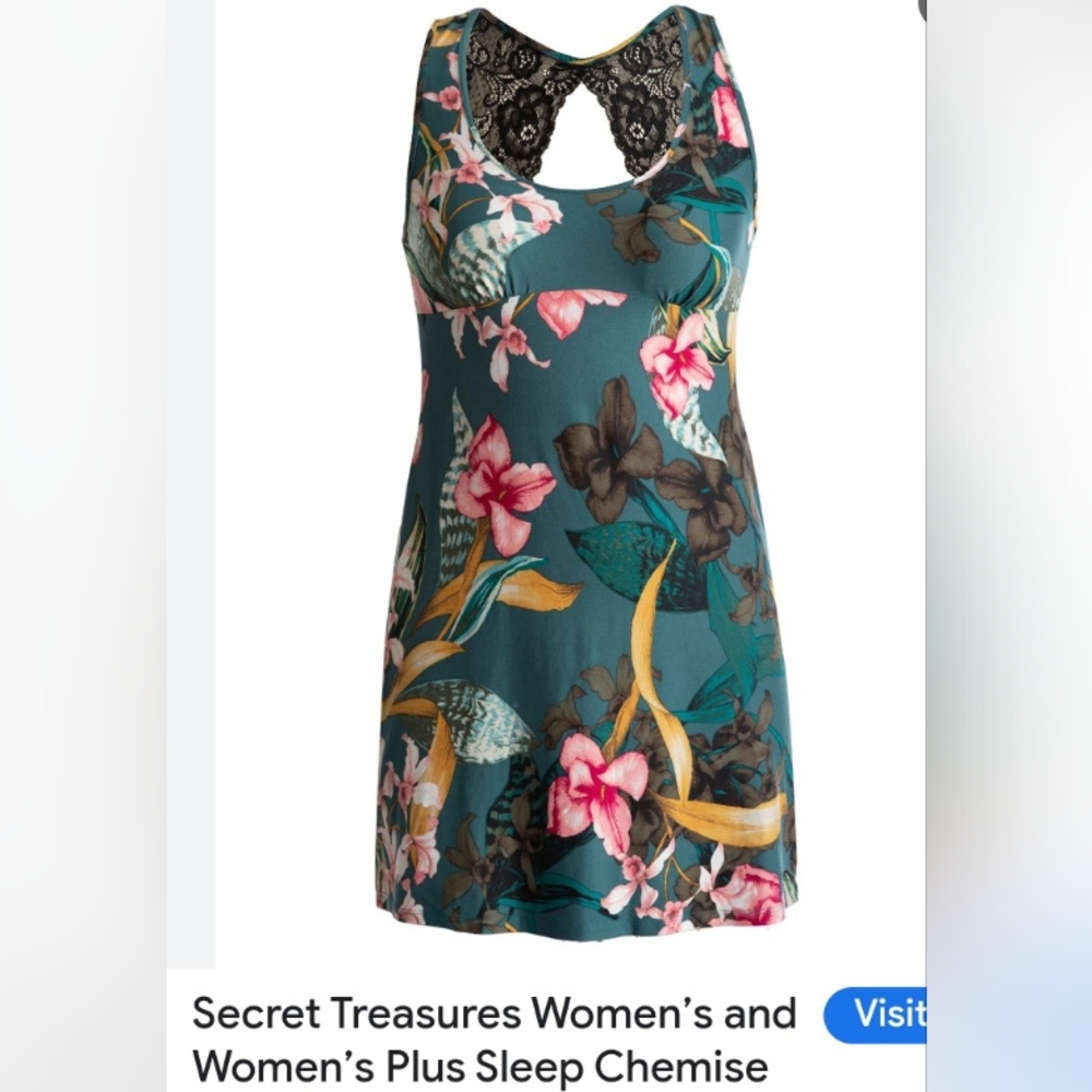 3X Plus Sz Teal Green Floral Nightie Chemise w/black Lace Back